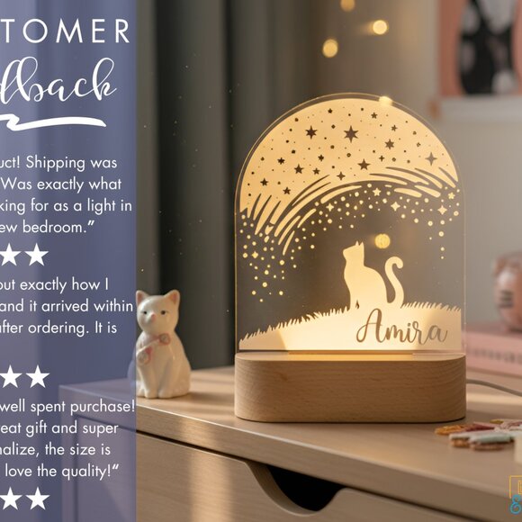 Personalized Cat Night Light – Custom LED Lamp Kids Room Decor - Picture 7 of 8